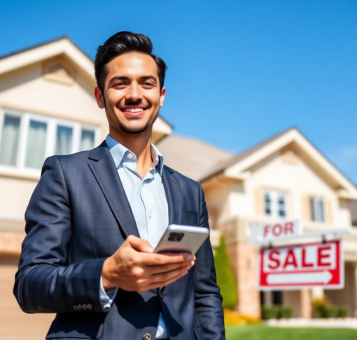 Smiling real estate agent in a navy suit holding a smartphone outside a suburban home with a for-sale sign in the yard