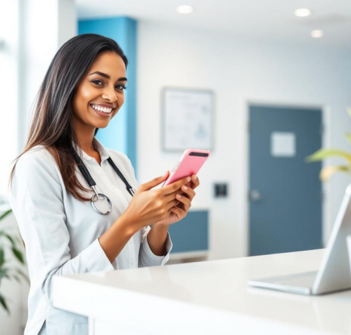 Smiling female doctor in a white coat with a stethoscope, holding a pink smartphone at a reception desk with a laptop nearby