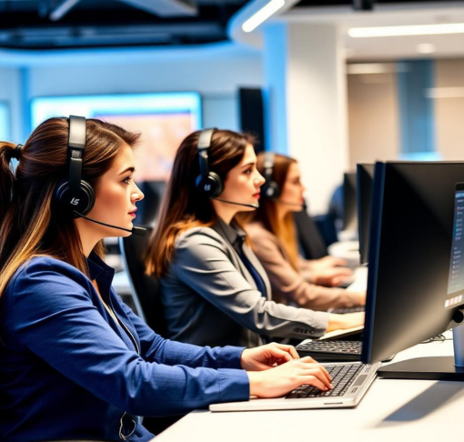 Call center agents wearing headsets and working at computers in a bright office.