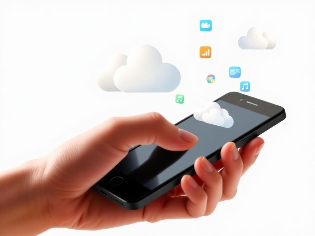 Hand holding a smartphone with white cloud icons and colorful app symbols floating above, suggesting cloud storage and services.