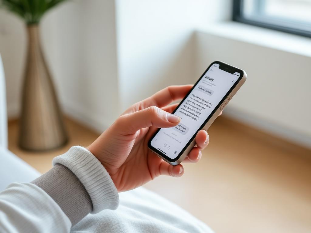 Person holding a smartphone in landscape, reading a chat/messages app displayed on the screen indoors.